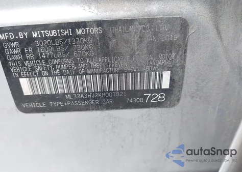 2019 Mitsubishi Mirage Es z USA, uszkodzony, nr VIN ML32A3HJ2KH007821